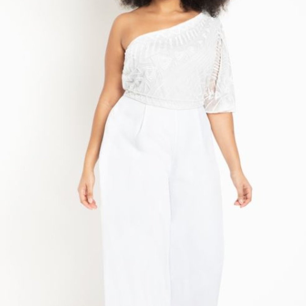 Pluse Size One Shoulder Jumpsuit with Beading